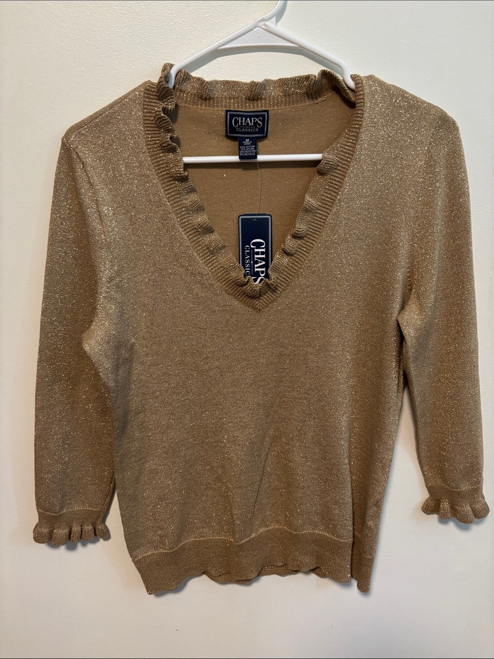 Chaps Metallic Gold V-Neck Ruffle Trim Sweater